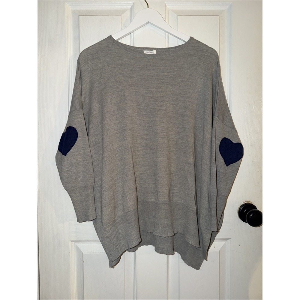 Mer Sea Amour Heart Elbow Patch Sweater Gray Navy One Size OS Pullover